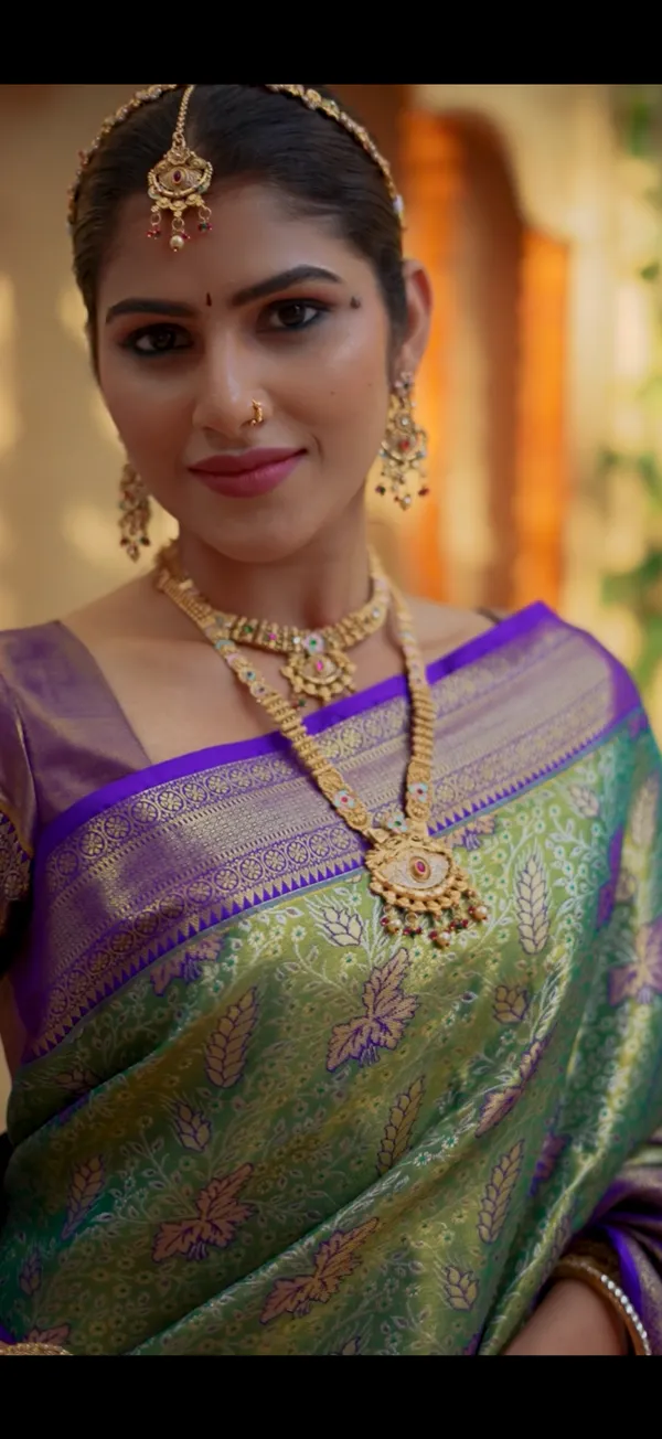 Emerald_Green_&_Royal_Purple_Kanchipuram_Inspired_Semi_Silk_Saree_With_Zari_Motifs_&_Gold_Pallu