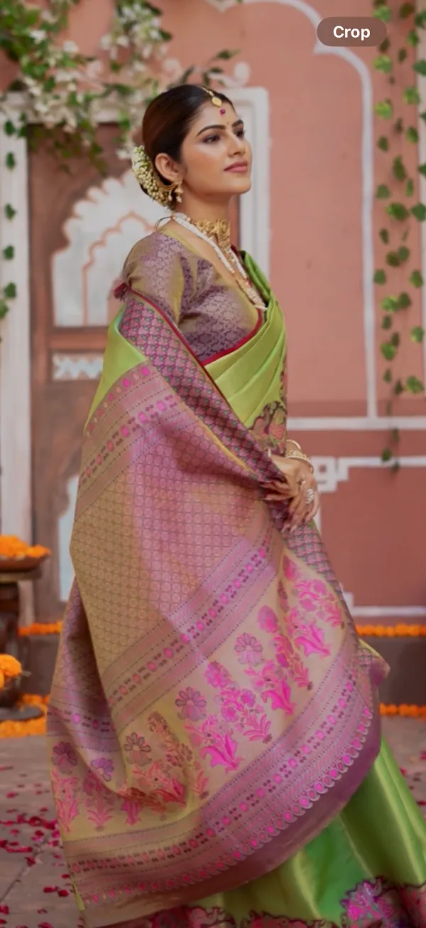 Lime_Green_&_Magenta_Kanchipuram_Kalamkari_Fusion_Semi_Silk_Saree_With_Elephant_Zari_Border_&_Heritage_Pallu