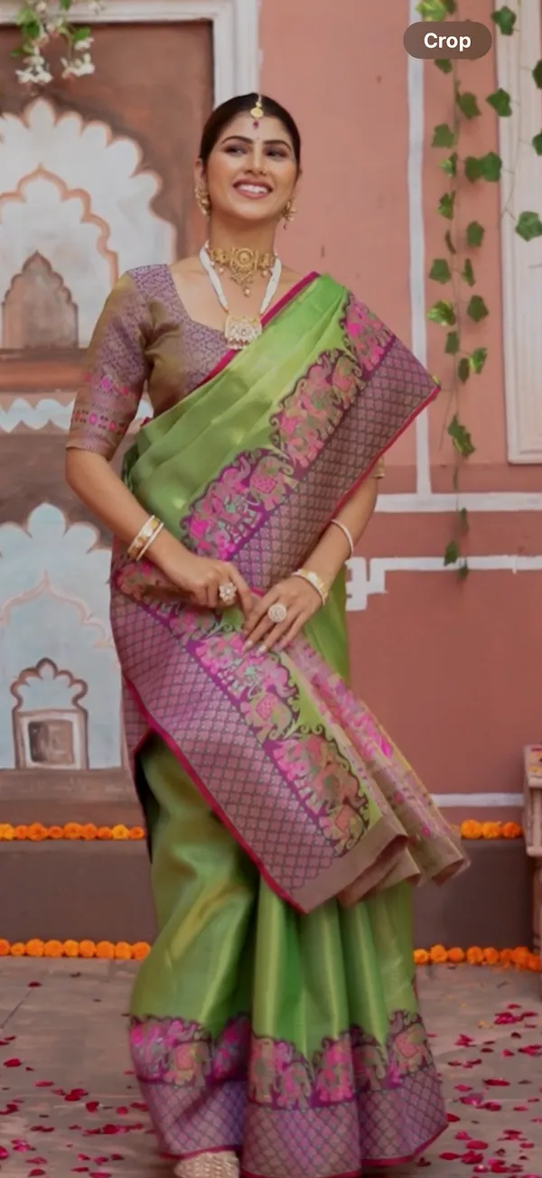 Lime_Green_&_Magenta_Kanchipuram_Kalamkari_Fusion_Semi_Silk_Saree_With_Elephant_Zari_Border_&_Heritage_Pallu