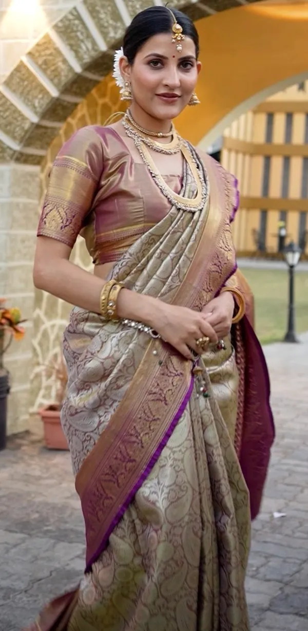 Antique_Beige_&_Royal_Purple_Kanchipuram_Bridal_Semi_Silk_Saree_With_Floral_Zari_Brocade_&_Gold_Pallu
