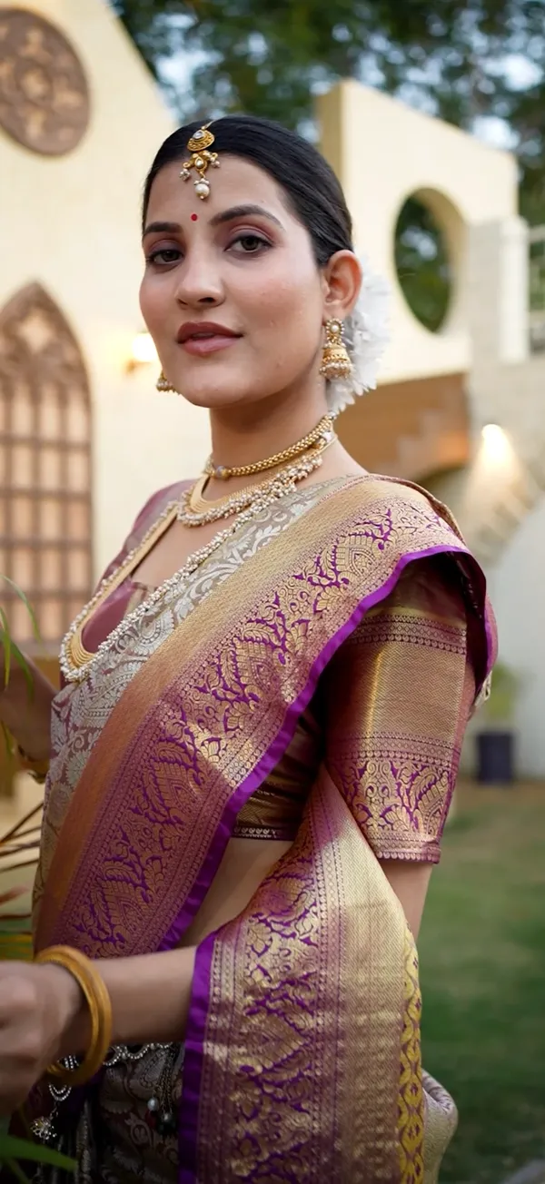 Antique_Beige_&_Royal_Purple_Kanchipuram_Bridal_Semi_Silk_Saree_With_Floral_Zari_Brocade_&_Gold_Pallu