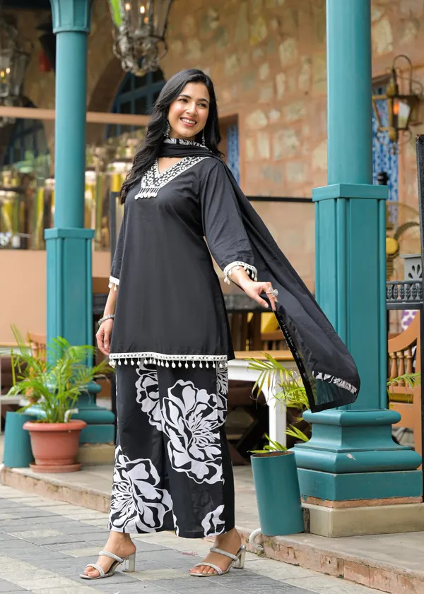 Black_Pure_Cotton_Short_Kurta_Palazzo_And_Dupatta_Set_For_Women