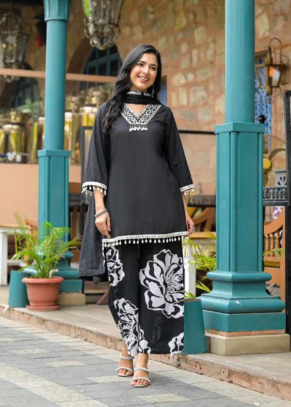 Black_Pure_Cotton_Short_Kurta_Palazzo_And_Dupatta_Set_For_Women