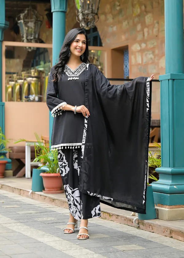Black_Pure_Cotton_Short_Kurta_Palazzo_And_Dupatta_Set_For_Women