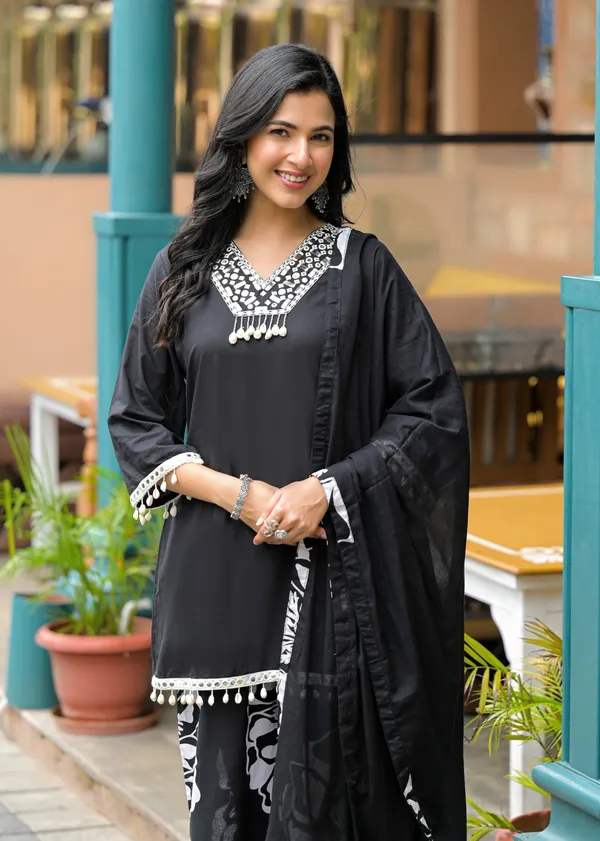 Black_Pure_Cotton_Short_Kurta_Palazzo_And_Dupatta_Set_For_Women