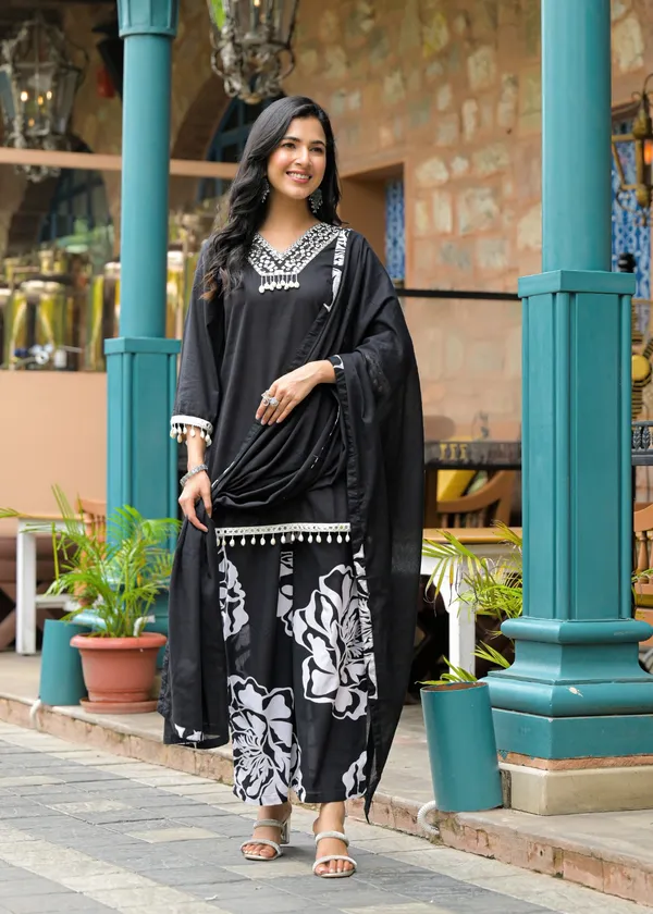 Black_Pure_Cotton_Short_Kurta_Palazzo_And_Dupatta_Set_For_Women