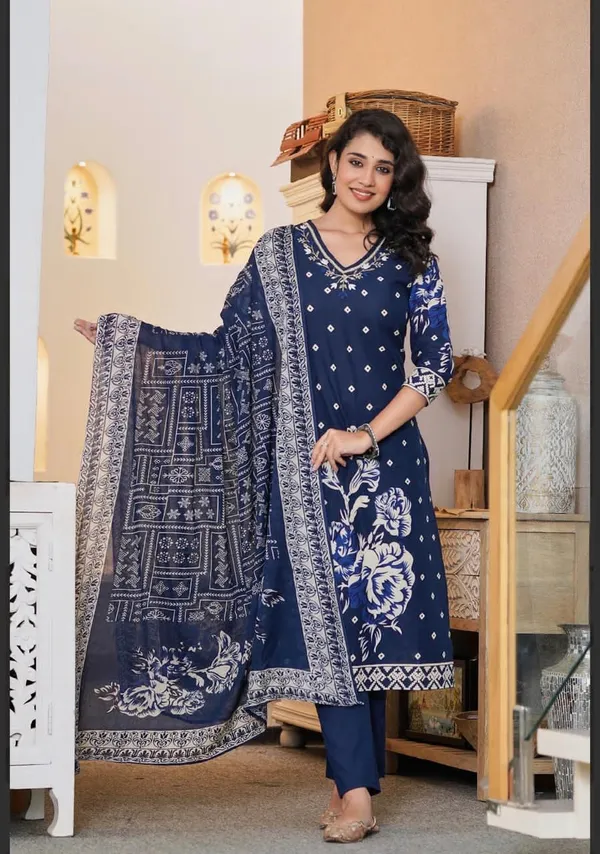 Navy_Blue_Pure_Cotton_Kurta_Pant_And_Dupatta_Set_For_Women