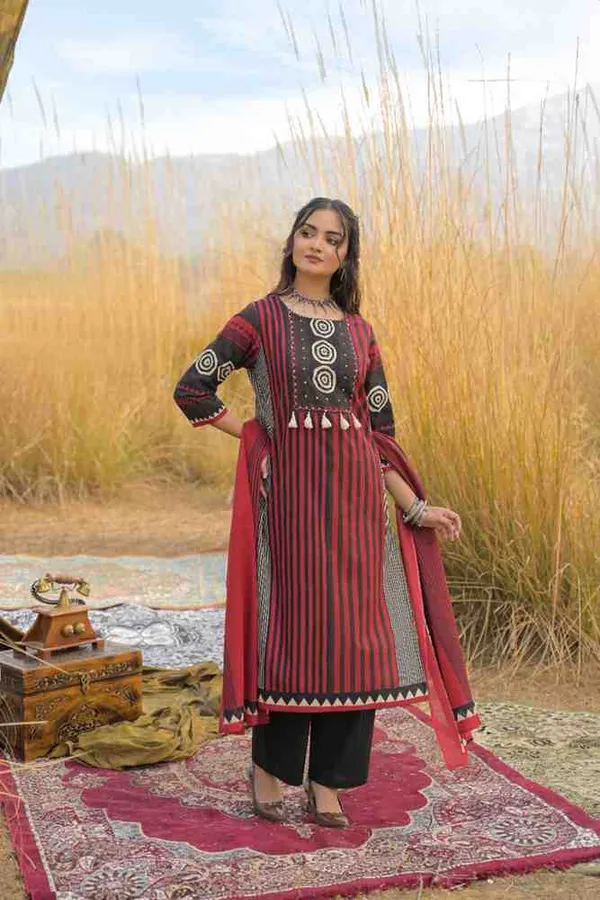 Maroon_Pure_Cotton_Kurta_Pant_And_Dupatta_Set_For_Women