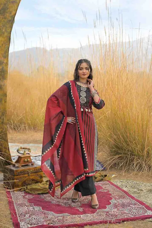 Maroon_Pure_Cotton_Kurta_Pant_And_Dupatta_Set_For_Women