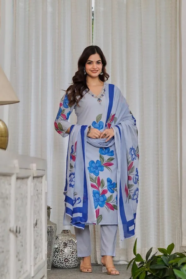 Powder_Blue_Pure_Cotton_Kurta_Pant_And_Dupatta_Set_For_Women