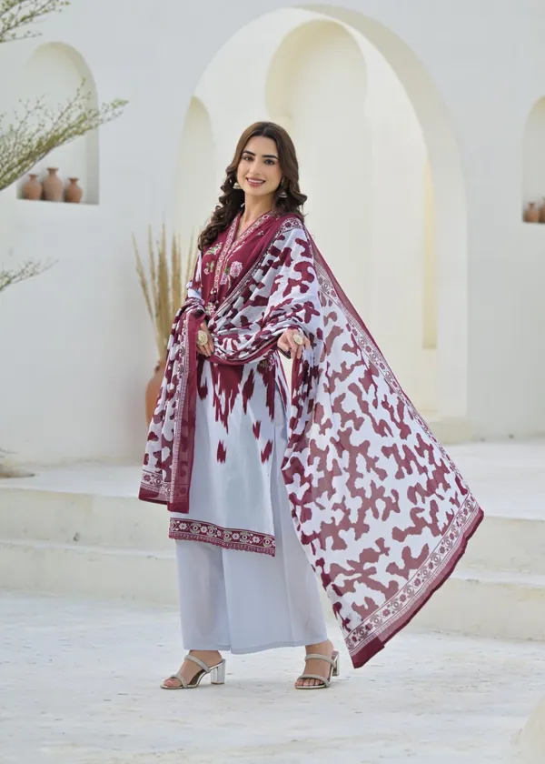 Maroon_Pure_Cotton_Kurta_Pant_And_Dupatta_Set_For_Women