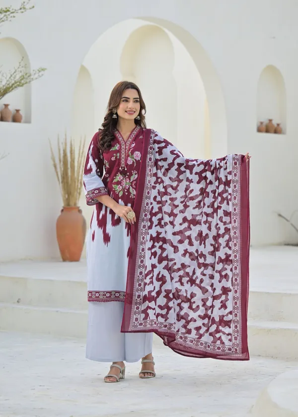 Maroon_Pure_Cotton_Kurta_Pant_And_Dupatta_Set_For_Women
