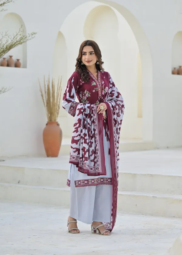 Maroon_Pure_Cotton_Kurta_Pant_And_Dupatta_Set_For_Women