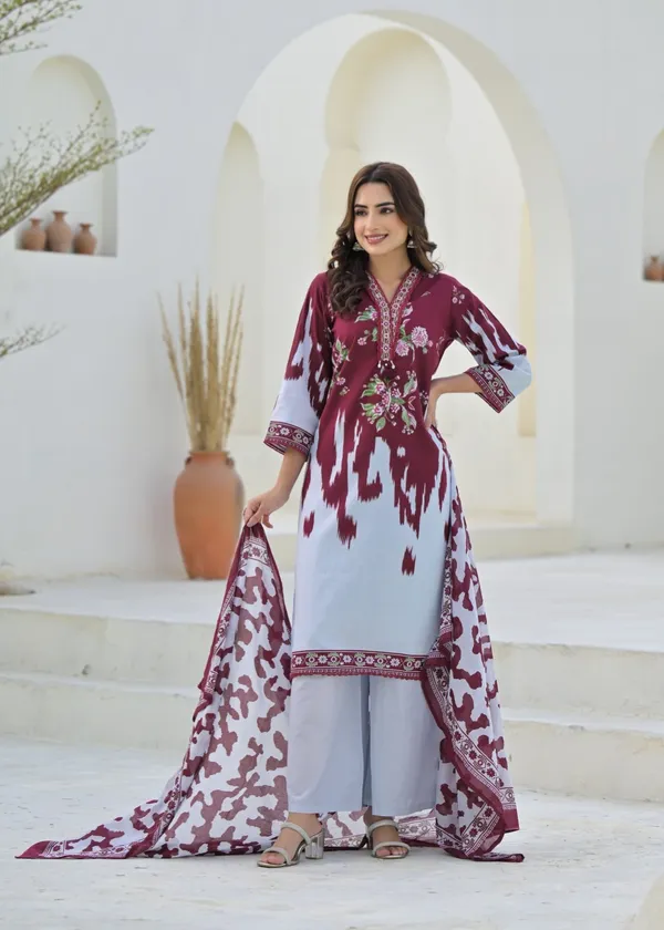 Maroon_Pure_Cotton_Kurta_Pant_And_Dupatta_Set_For_Women