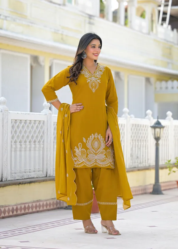 Mustard_Pure_Cotton_Kurti_Farshi_Salwar_And_Dupatta_Set_For_Women