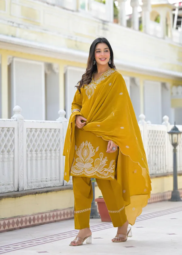 Mustard_Pure_Cotton_Kurti_Farshi_Salwar_And_Dupatta_Set_For_Women