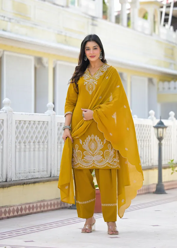 Mustard_Pure_Cotton_Kurti_Farshi_Salwar_And_Dupatta_Set_For_Women