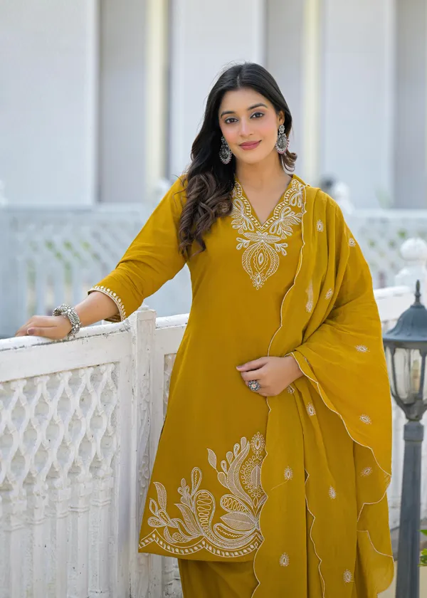 Mustard_Pure_Cotton_Kurti_Farshi_Salwar_And_Dupatta_Set_For_Women
