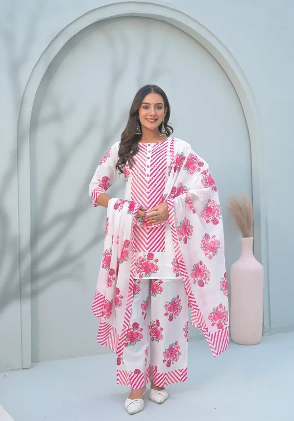 White_And_Pink_Pure_Cotton_Short_Kurta_Palazzo_And_Dupatta_Set_For_Women