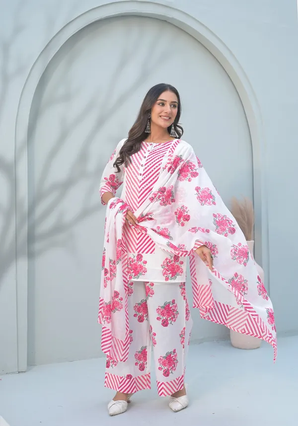 White_And_Pink_Pure_Cotton_Short_Kurta_Palazzo_And_Dupatta_Set_For_Women