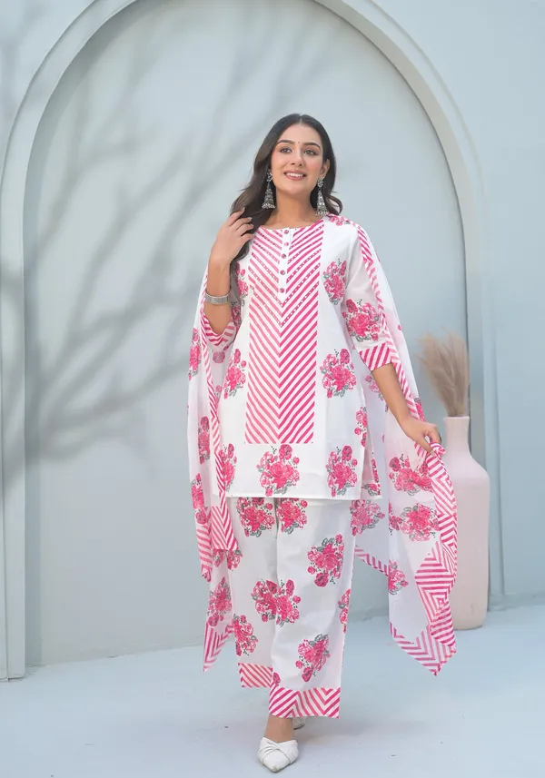 White_And_Pink_Pure_Cotton_Short_Kurta_Palazzo_And_Dupatta_Set_For_Women