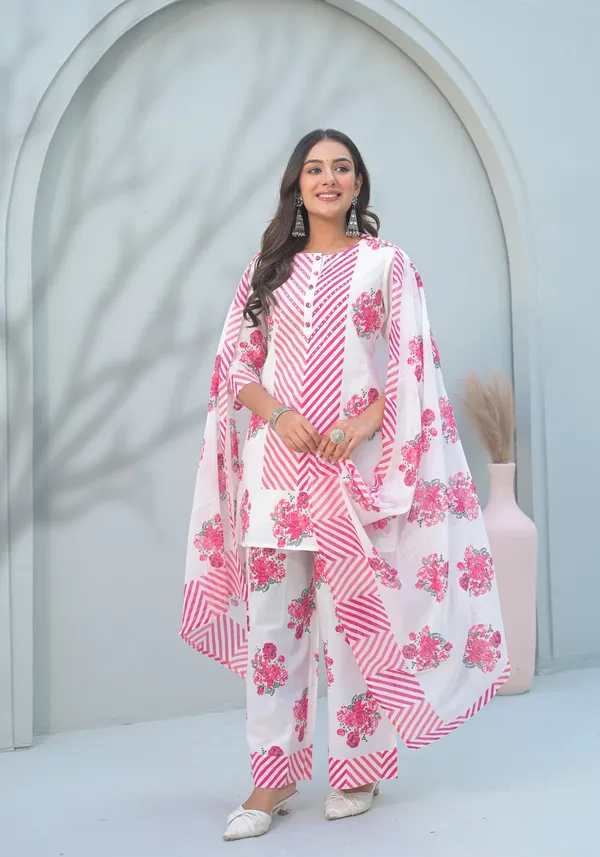 White_And_Pink_Pure_Cotton_Short_Kurta_Palazzo_And_Dupatta_Set_For_Women