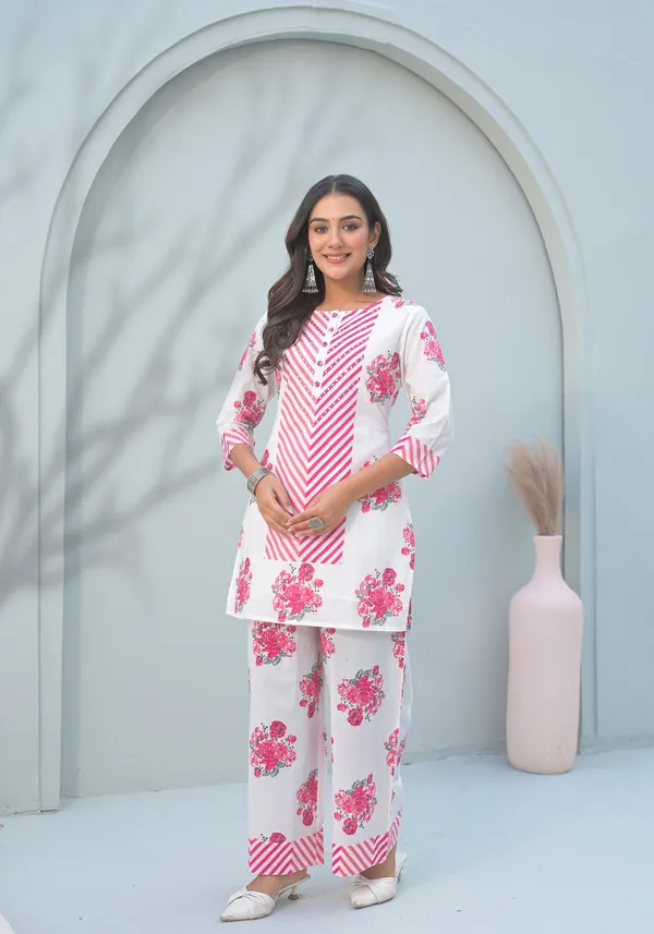 White_And_Pink_Pure_Cotton_Short_Kurta_Palazzo_And_Dupatta_Set_For_Women