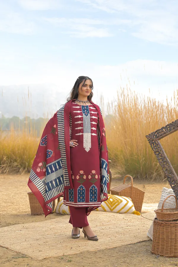 Maroon_Pure_Cotton_Kurta_Pant_And_Dupatta_Set_For_Women
