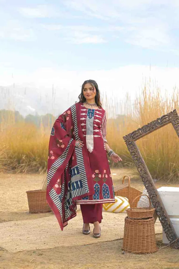 Maroon_Pure_Cotton_Kurta_Pant_And_Dupatta_Set_For_Women
