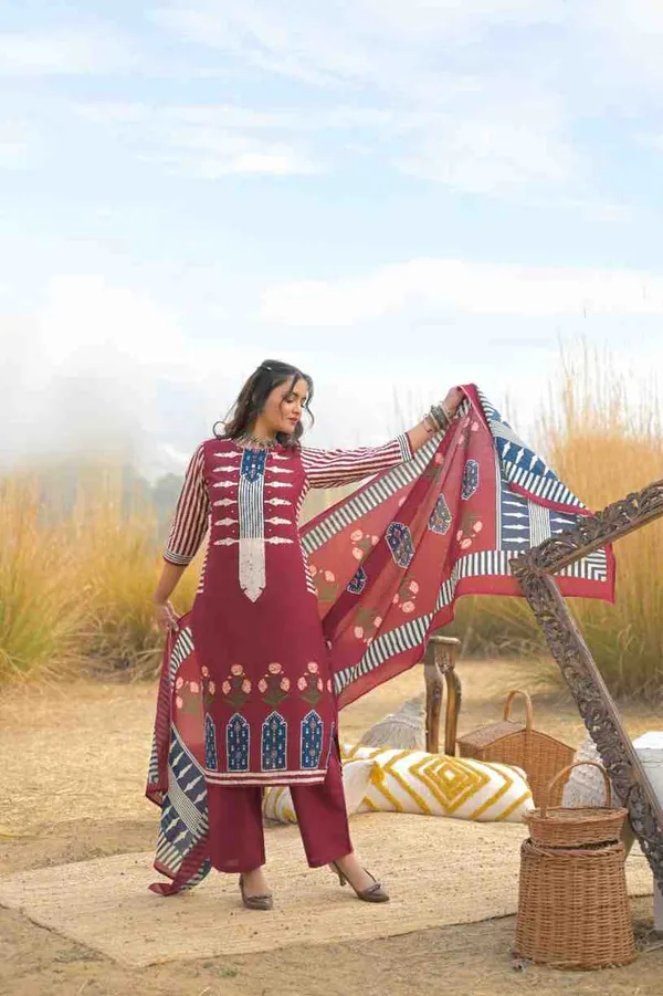 Maroon_Pure_Cotton_Kurta_Pant_And_Dupatta_Set_For_Women