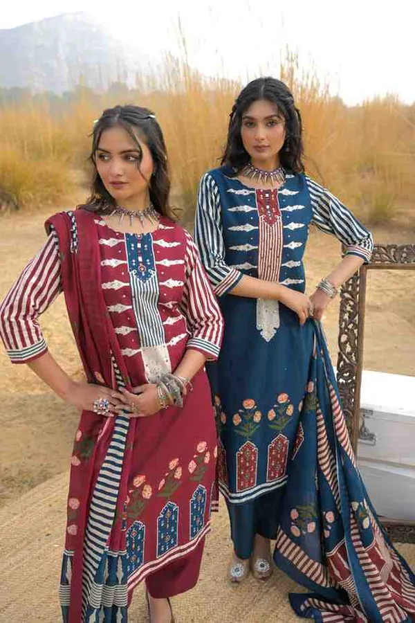 Maroon_Pure_Cotton_Kurta_Pant_And_Dupatta_Set_For_Women