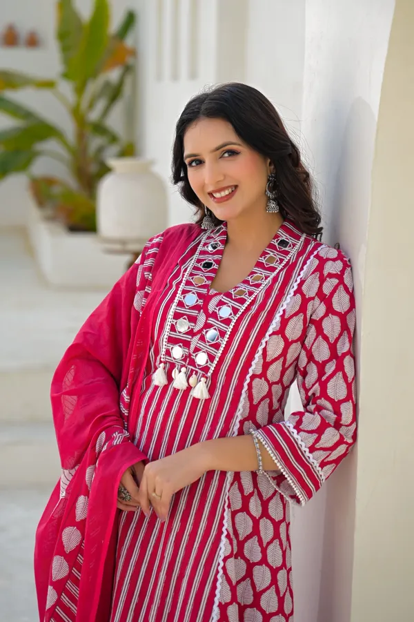 Red_Pure_Cotton_Kurti_Palazzo_And_Dupatta_Set_For_Women