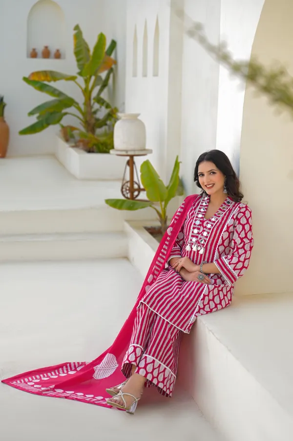 Red_Pure_Cotton_Kurti_Palazzo_And_Dupatta_Set_For_Women