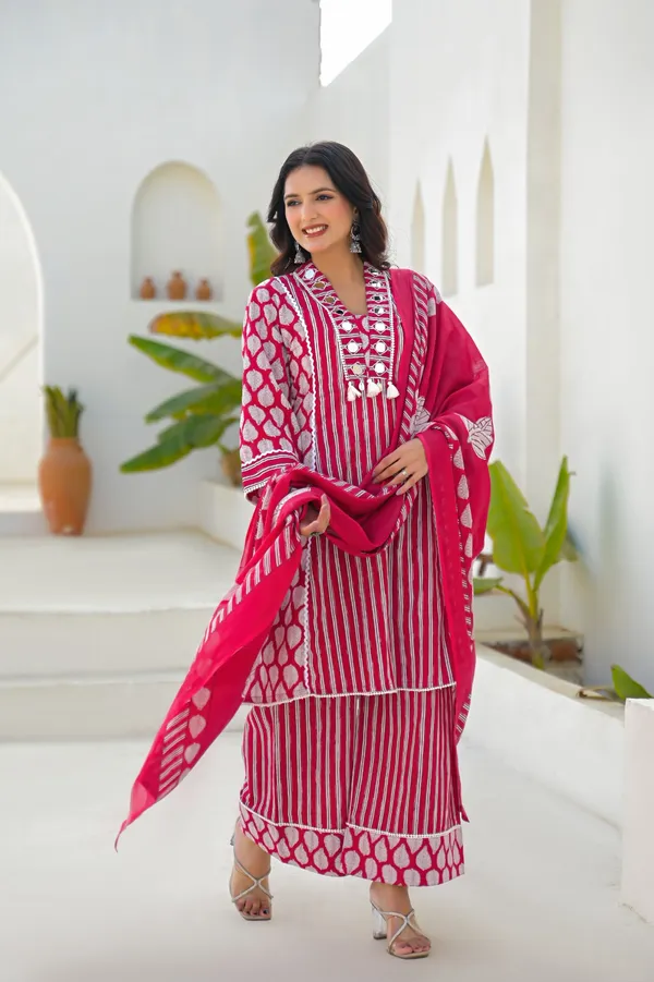 Red_Pure_Cotton_Kurti_Palazzo_And_Dupatta_Set_For_Women