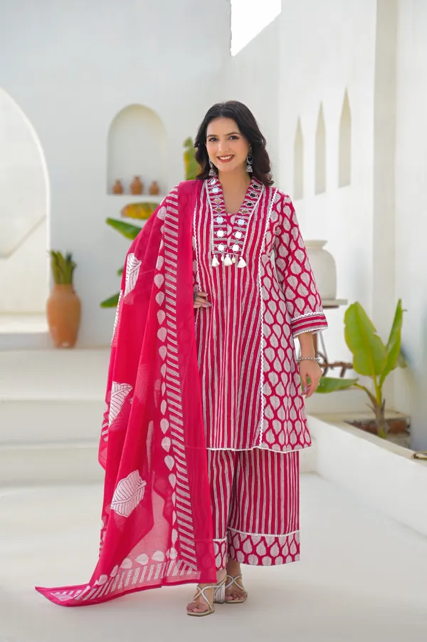 Red_Pure_Cotton_Kurti_Palazzo_And_Dupatta_Set_For_Women