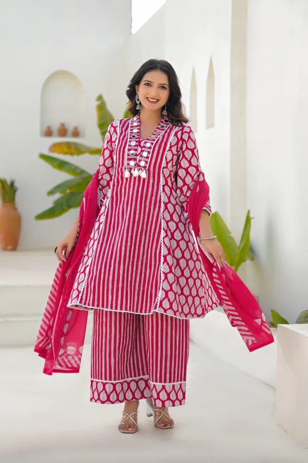 Red_Pure_Cotton_Kurti_Palazzo_And_Dupatta_Set_For_Women
