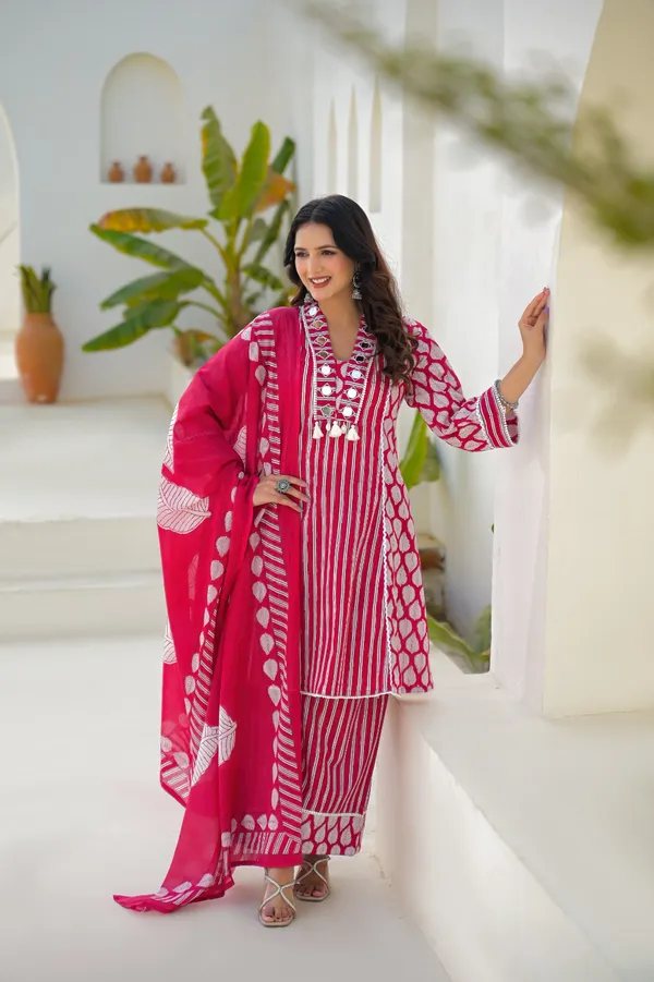 Red_Pure_Cotton_Kurti_Palazzo_And_Dupatta_Set_For_Women