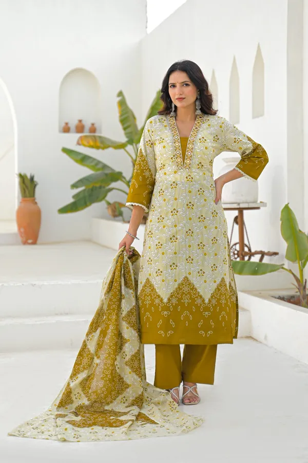 Mustard_Pure_Cotton_Kurta_Pant_And_Dupatta_Set_For_Women