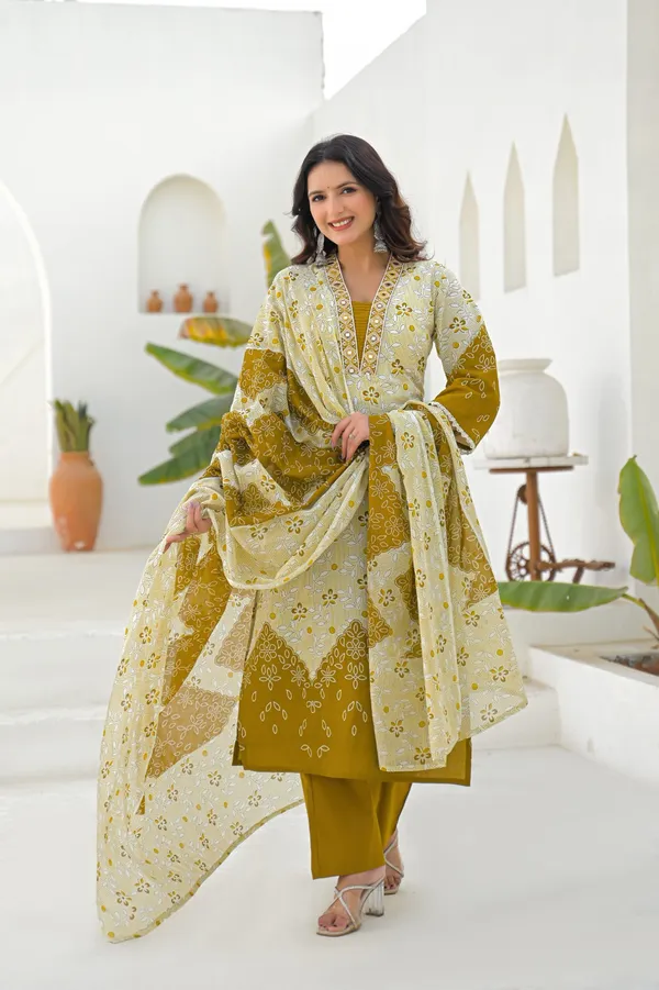 Mustard_Pure_Cotton_Kurta_Pant_And_Dupatta_Set_For_Women