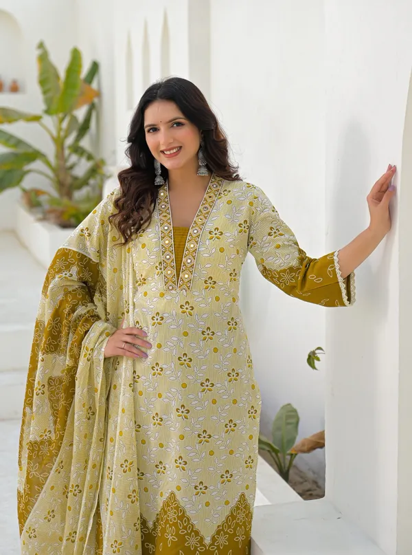 Mustard_Pure_Cotton_Kurta_Pant_And_Dupatta_Set_For_Women