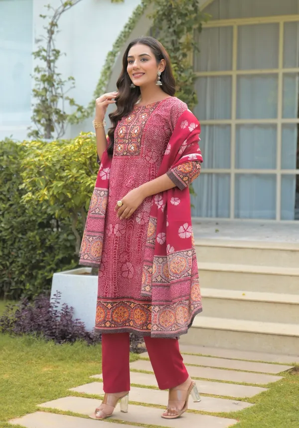 Maroon_Pure_Cotton_Kurta_Pant_And_Dupatta_Set_For_Women