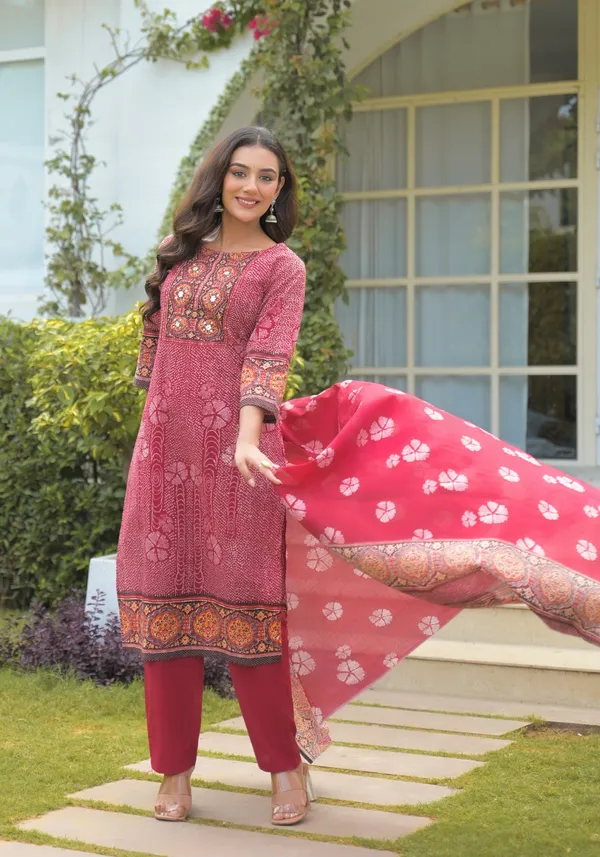 Maroon_Pure_Cotton_Kurta_Pant_And_Dupatta_Set_For_Women