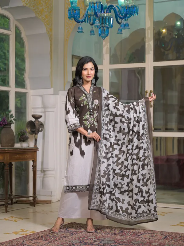 Brown_Pure_Cotton_Kurta_Pant_And_Dupatta_Set_For_Women