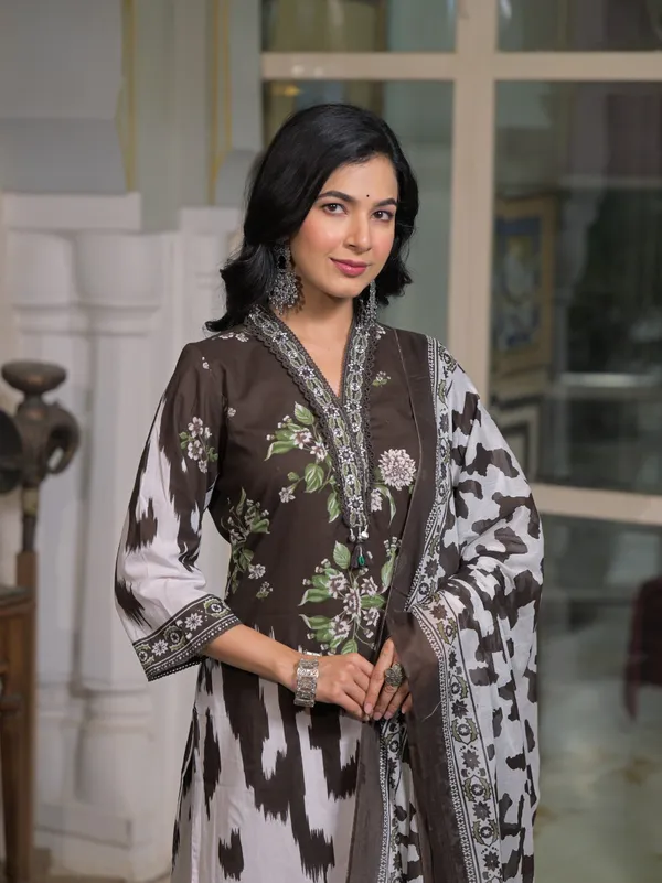 Brown_Pure_Cotton_Kurta_Pant_And_Dupatta_Set_For_Women