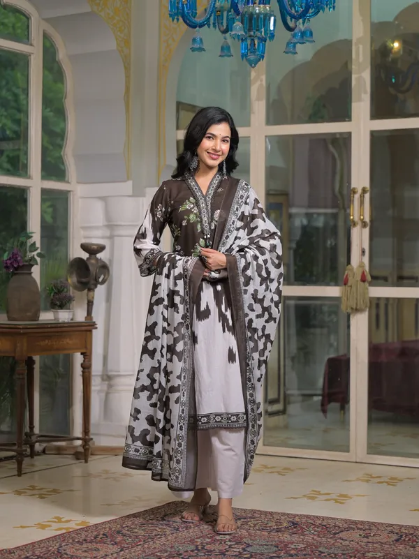 Brown_Pure_Cotton_Kurta_Pant_And_Dupatta_Set_For_Women