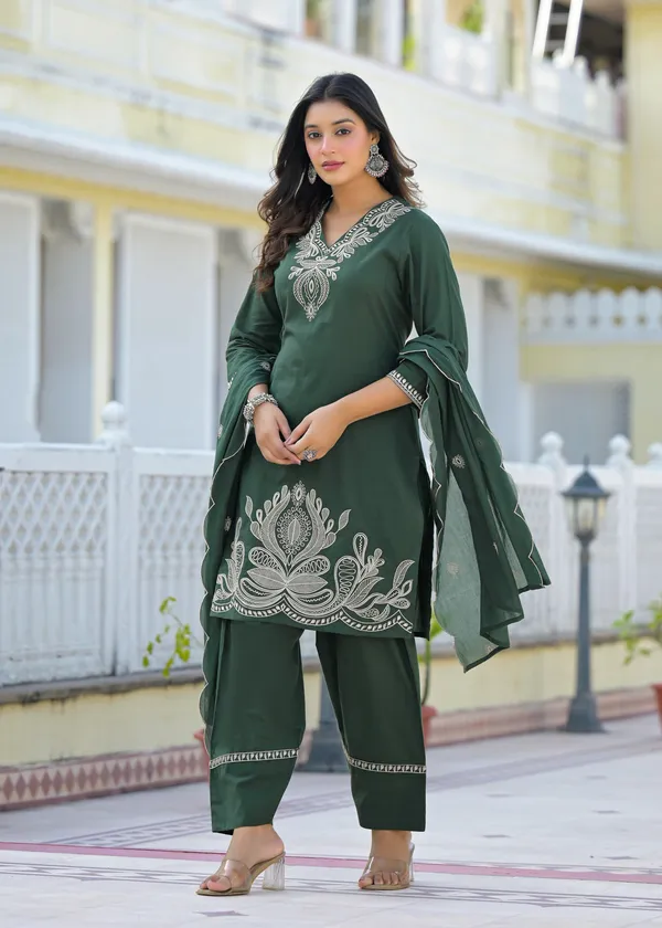 Bottle_Green_Pure_Cotton_Kurti_Farshi_Salwar_And_Dupatta_Set_For_Women