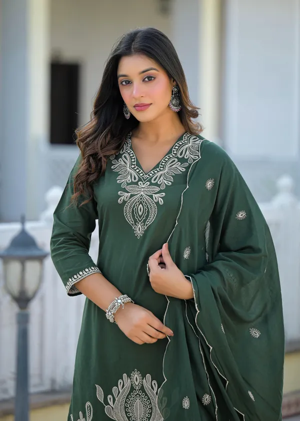 Bottle_Green_Pure_Cotton_Kurti_Farshi_Salwar_And_Dupatta_Set_For_Women