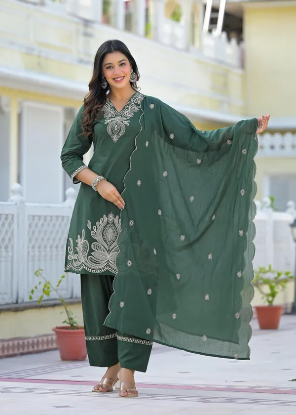 Bottle_Green_Pure_Cotton_Kurti_Farshi_Salwar_And_Dupatta_Set_For_Women