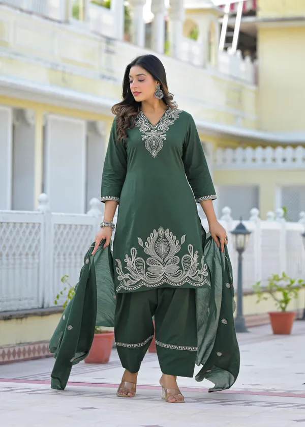 Bottle_Green_Pure_Cotton_Kurti_Farshi_Salwar_And_Dupatta_Set_For_Women