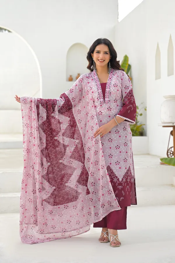 Maroon_Pure_Cotton_Kurta_Pant_And_Dupatta_Set_For_Women